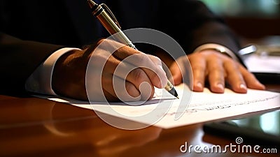 A businessman signs a crucial employment contract with a pen. Generative AI Stock Photo