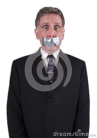 Businessman Silenced Duct Tape Over Mouth, Silence Stock Photo