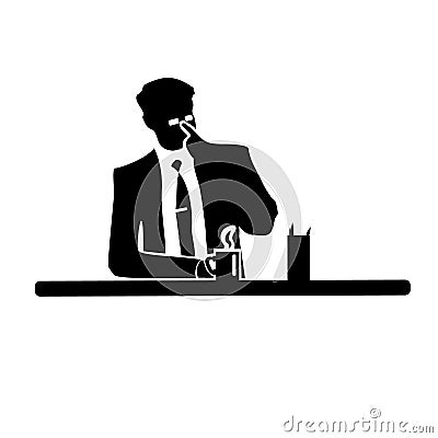 Businessman silhouette of a man in a suit and tie on white background.Corrects glasses and drinking from a mug. Vector Illustration