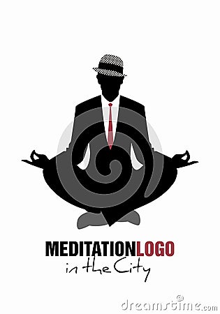 Businessman silhouette wearing hat and retro clothes doing meditation. Stock Photo