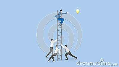 A businessman sits on a ladder and grabs light bulb with a supporting team Vector Illustration