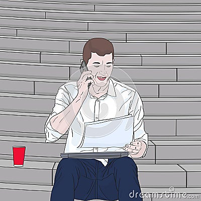 Businessman sits on the steps Vector Illustration