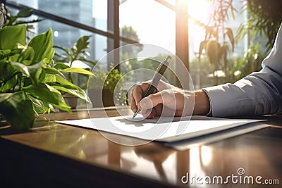 Businessman sits at a table and signs a legal document. Making a legal agreement or signing a contract in office. Generative AI Stock Photo