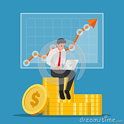 Businessman sitting on coin stack with laptop and stock market graph Vector Illustration