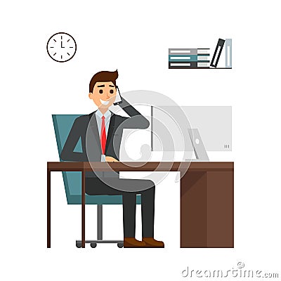 Businessman sitting at desk in bright office, talking on mobile phone and smiling. cartoon guy characters in the suit Vector Illustration