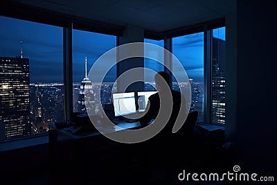Businessman sitting at his desk using desktop computer at night. Stylish office studio with big windows. Generative AI Stock Photo