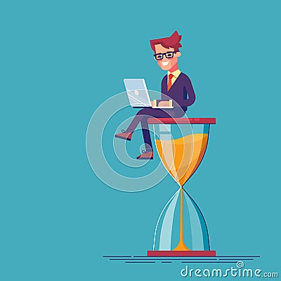 Businessman sitting on the hourglass with laptop legs crossed. Business concept of time management and procrastination. Cartoon Illustration