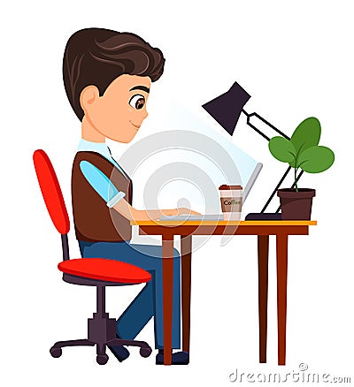 Businessman sitting with laptop at his desk. Vector Illustration