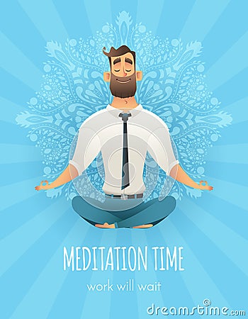 Businessman sitting in a lotus pose. Manager meditation of mandala pattern on background. The concept of business yoga Vector Illustration