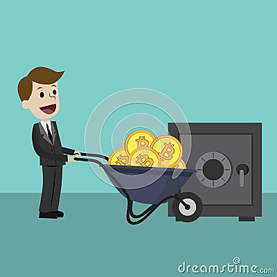 Crypto-currency market. Businessman or manager brings Bitcoin using wheel barrow. Banking and investment Vector Illustration