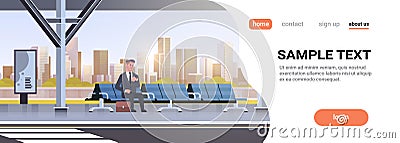 Businessman sitting modern bus stop business man with suitcase waiting public transport on airport station cityscape Vector Illustration