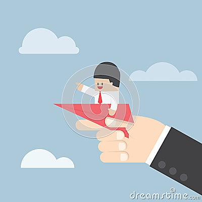 Businessman sitting on paper plane with big hand ready to throw Vector Illustration