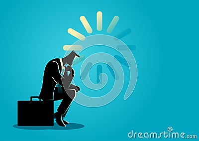 Businessman sitting pensively on a suitcase and loading icon Vector Illustration