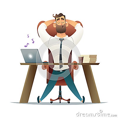 Businessman sitting relaxed in the workplace listening to music. Laptop on the table. Vector Illustration