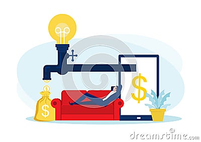 Businessman sitting on sofa , relaxing and making money passively. Finance, investment, wealth, passive income.concept work office Vector Illustration