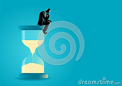 Businessman sitting and thinking on hourglass Vector Illustration