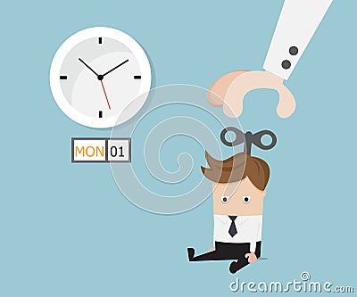 Businessman sitting tired with hand turn on wind up Vector Illustration