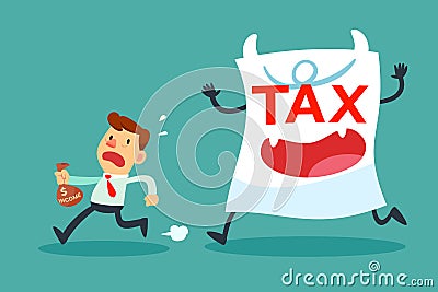 businessman with small income running away from tax paper monster Vector Illustration