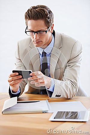 Businessman, smartphone and email or communication in office, internet connection and online research. Male person Stock Photo