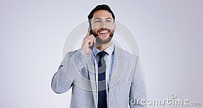 Businessman, smartphone and phone call for networking, communication and isolated on studio background. Mobile Stock Photo