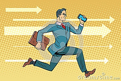 Businessman with a smartphone running fast forward Vector Illustration