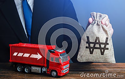 Businessman with south korean won money bag and truck. Good salaries for drivers. Rising prices, global containers shortage crisis Stock Photo