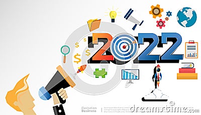 Businessman speak megaphone with 2022 new year text, Light bulb,darts shoot Into crotch for success,set icon,modern Idea concept Vector Illustration