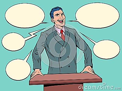 businessman speaker speaks on podium, training business school. Politician or preacher Cartoon Illustration