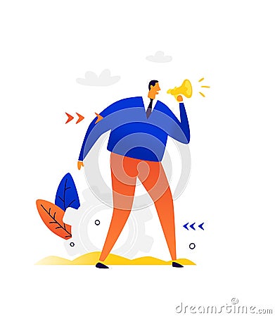 Businessman speaks on a megaphone. Vector. Advertising agent PR products and services. Attention to the event and affairs. Alert p Vector Illustration