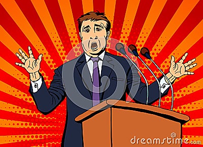 Businessman speaks into the microphone to the audience Vector Illustration