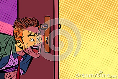 Businessman spying through the keyhole Vector Illustration