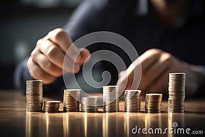 Businessman stack coins. Generate Ai Stock Photo