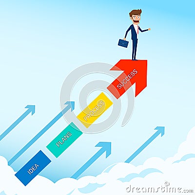 Businessman stand on arrow growth graph looking for success, opportunities, future business trends. Vision concept. Vector Illustration