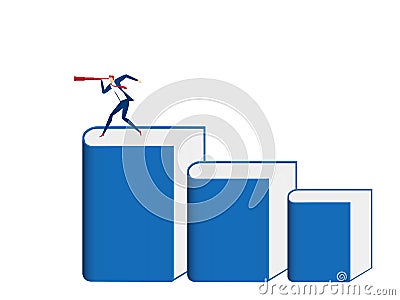 Businessman stand on book stairs using telescope looking for success, opportunities, future business trends. Vector Illustration