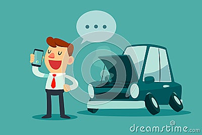 Businessman stand beside his broken car and calling car service Vector Illustration