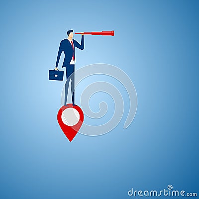 Businessman stand on map pointer using telescope looking for success, opportunities, future business trends. Vision concept Vector Illustration