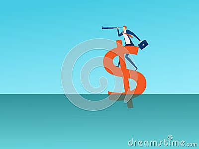 Businessman stand on money sign using telescope looking for success, opportunities, future business trends. Vision concept. Vector Illustration