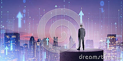 Businessman on a stand, skyline with rising arrows and smart city connection Stock Photo
