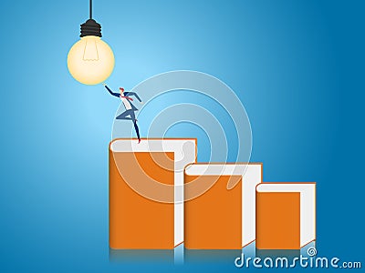 Businessman stand on stair step made of books to get light bulb idea. Creative idea and education concept. Vector Illustration