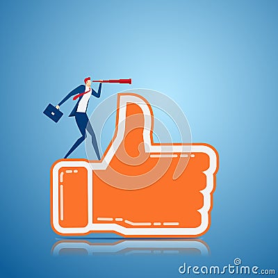 Businessman stand on thumb up sign using telescope looking for Positive feedback success, opportunities, future business trends. Vector Illustration