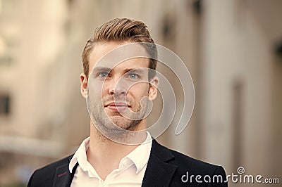 Businessman stand on urban background. Confident man in formal wear outdoor. This is my city. Male grooming for ceo at Stock Photo