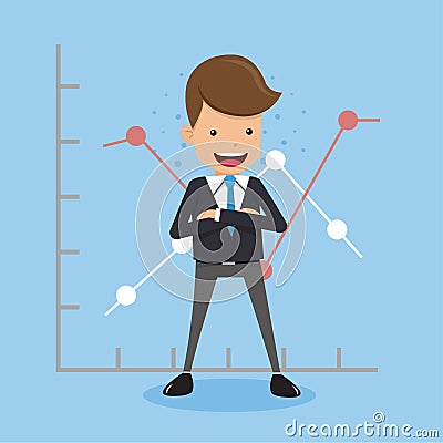 Businessman Standing Chest Hug and Graphs Background. Concept Business Vector Illustration Flat Style. Vector Illustration