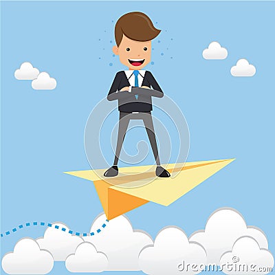 Businessman Standing Chest Hug on Paper Plan on the Sky. Concept Business Vector Illustration Flat Style. Vector Illustration