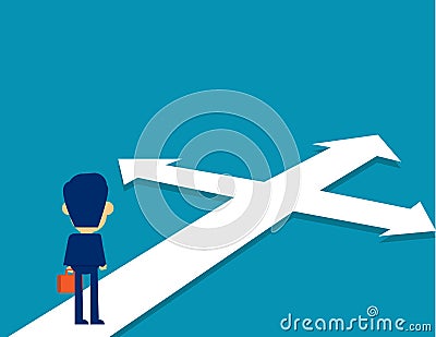Businessman standing confused direction. Concept cute business vector illustration. Crossroad, Opportunity, Confusion Vector Illustration