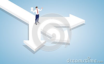 Businessman standing at the cross roads of business decision with modern isometric style Vector Illustration