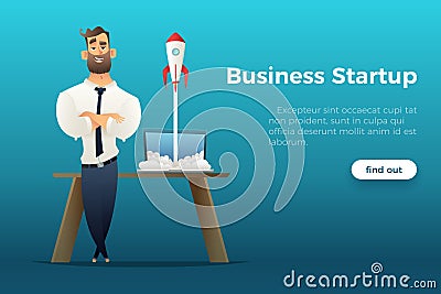 Businessman standing by the desk with a laptop. Business startup concept. Successful launch of Internet project Vector Illustration