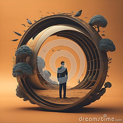 Businessman standing in front of a circle of clouds and trees. generative ai Stock Photo