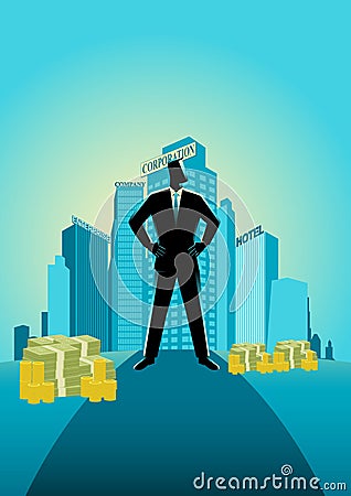 Businessman standing in front of commercial buildings and office Cartoon Illustration