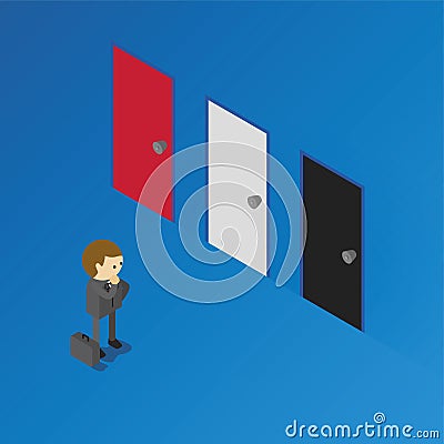 Businessman standing in front of doors as symbol of choice Vector Illustration
