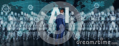 Businessman standing in front of a group of robots and has a world map and delivery routes Cartoon Illustration
